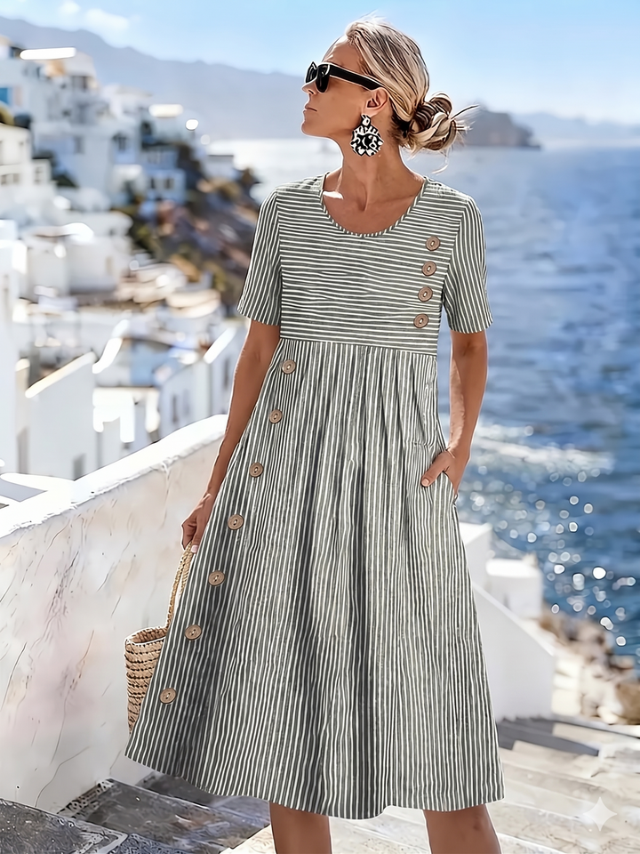 Meadow | Striped Button Detail Midi Dress