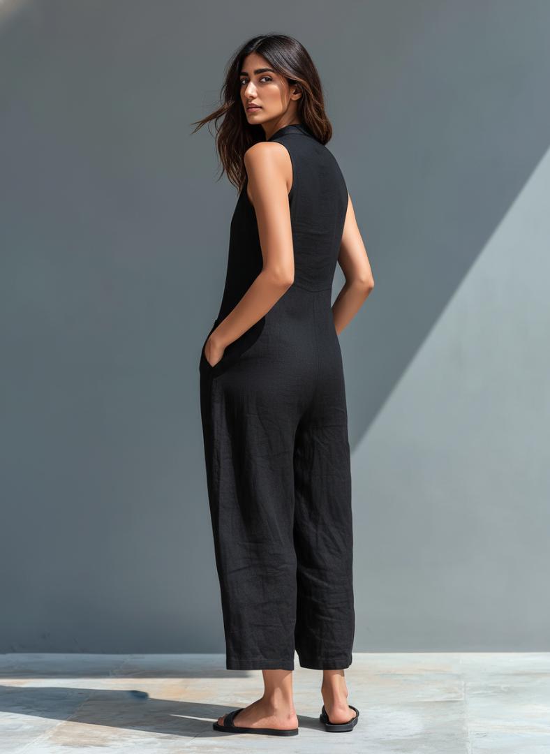 Sloane | Sleeveless Minimalist Jumpsuit for Women with High Collar and Buttons
