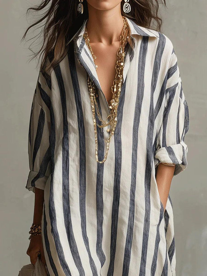 Marina | Women’s Striped Linen Long Shirt Dress