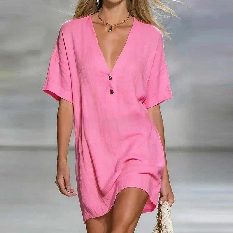 Liora | V Neck Linen Shirt Dress