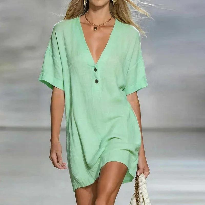 Liora | V Neck Linen Shirt Dress