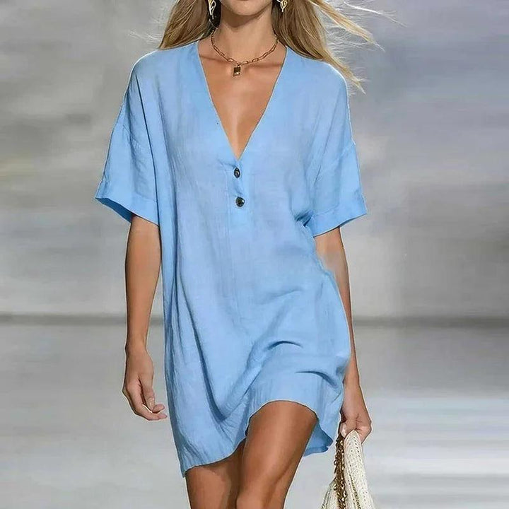 Liora | V Neck Linen Shirt Dress
