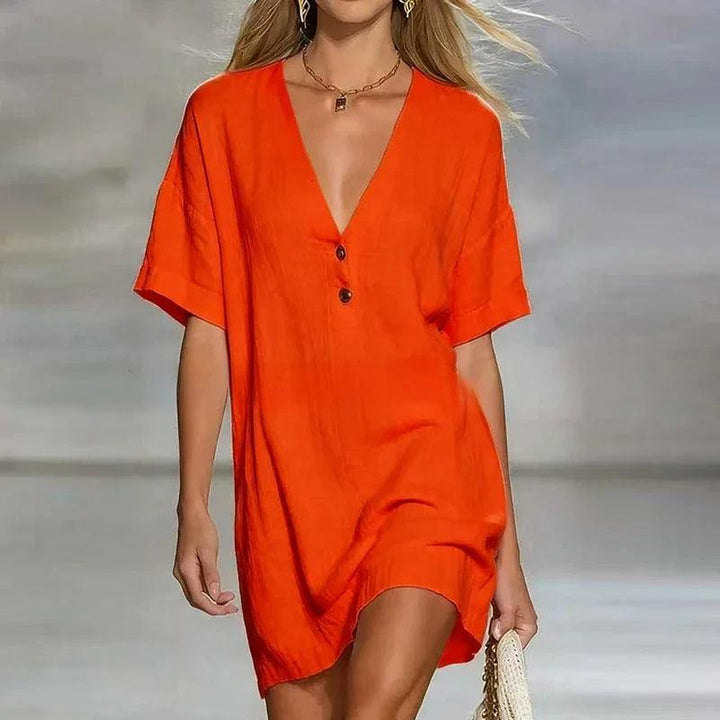 Liora | V Neck Linen Shirt Dress