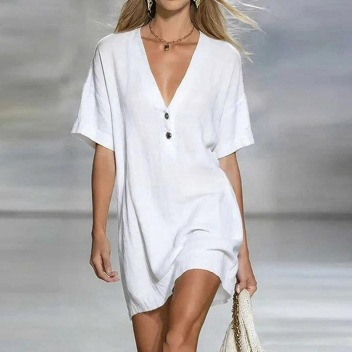 Liora | V Neck Linen Shirt Dress