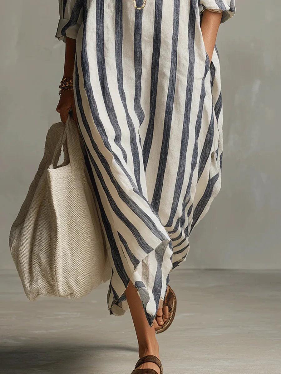 Marina | Women’s Striped Linen Long Shirt Dress