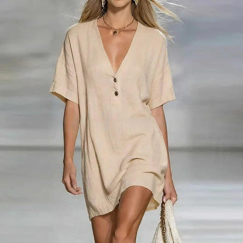 Liora | V Neck Linen Shirt Dress