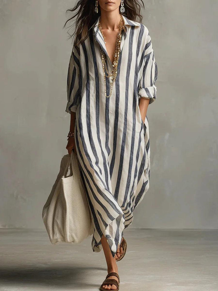 Marina | Women’s Striped Linen Long Shirt Dress