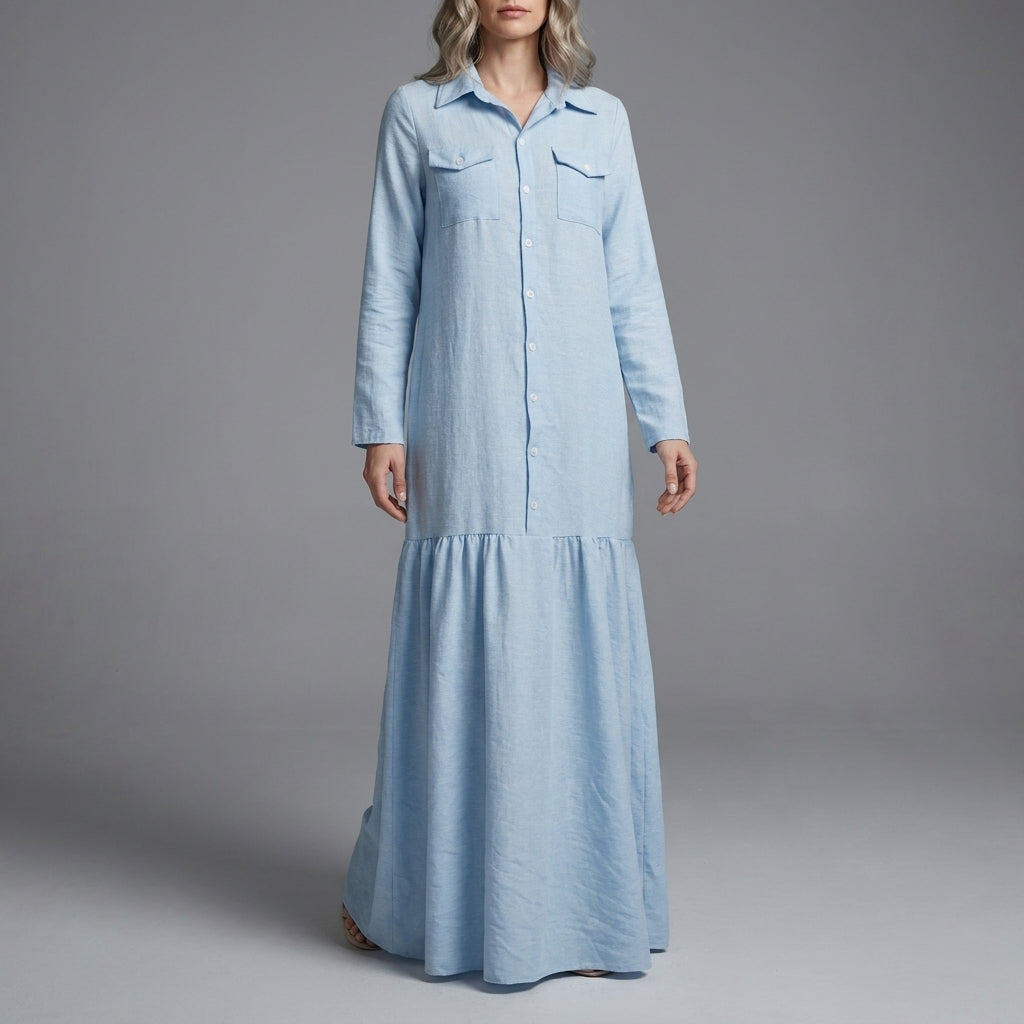 Quinn | Coastal Breeze Button-Front Flowing Maxi Shirt Dress