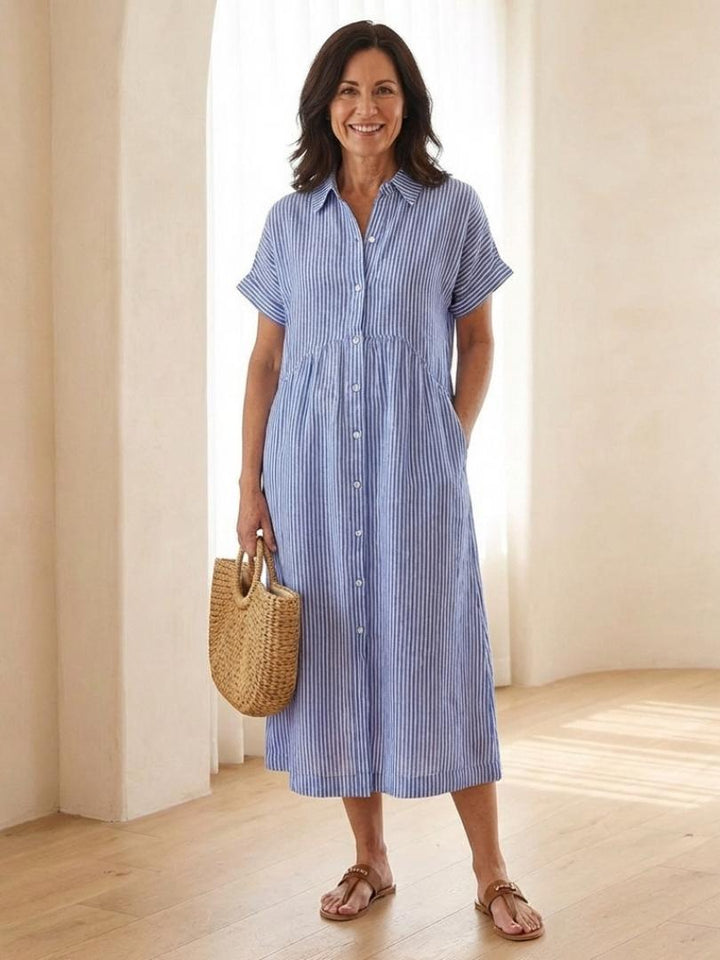 Heather | Striped Button Front Short Sleeve Midi Dress