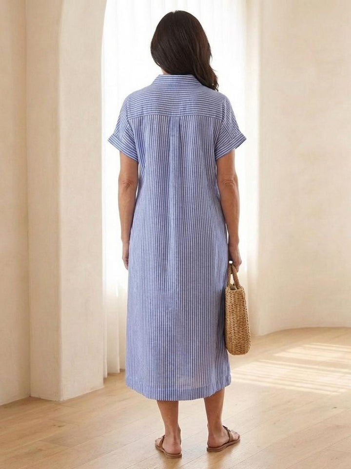 Heather | Striped Button Front Short Sleeve Midi Dress