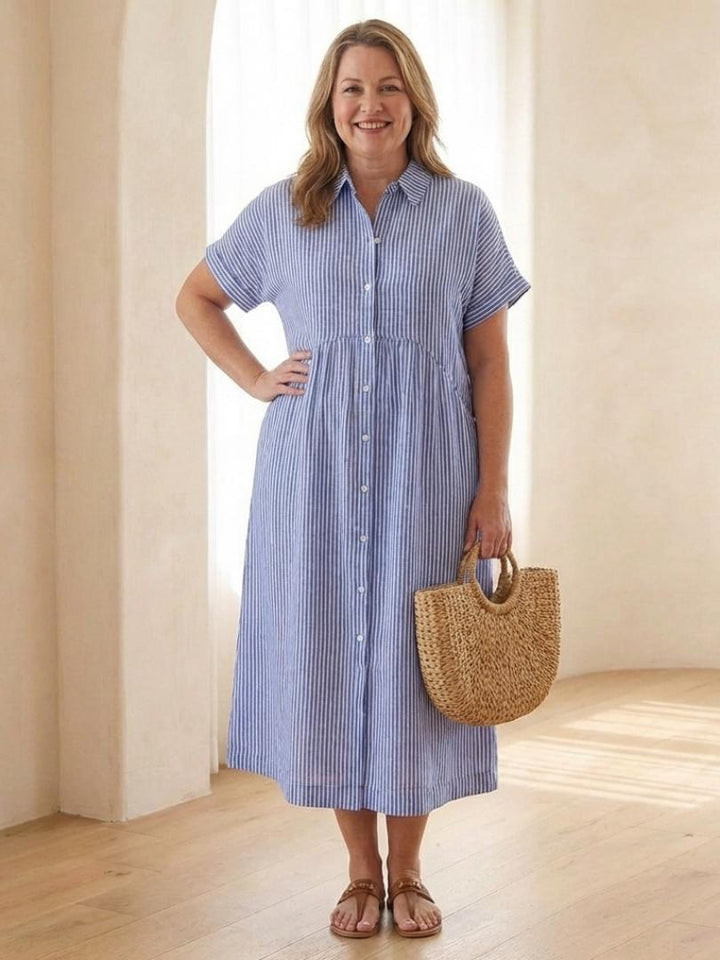 Heather | Striped Button Front Short Sleeve Midi Dress
