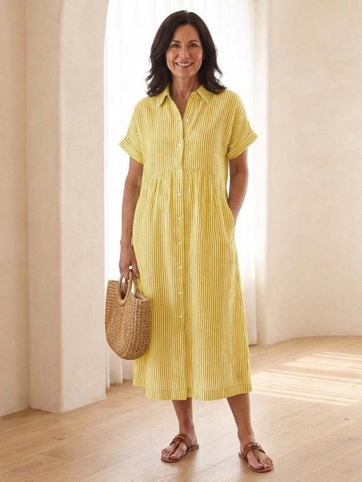 Heather | Striped Button Front Short Sleeve Midi Dress
