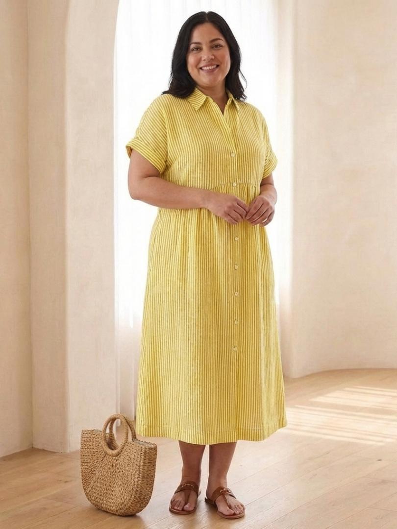 Heather | Striped Button Front Short Sleeve Midi Dress