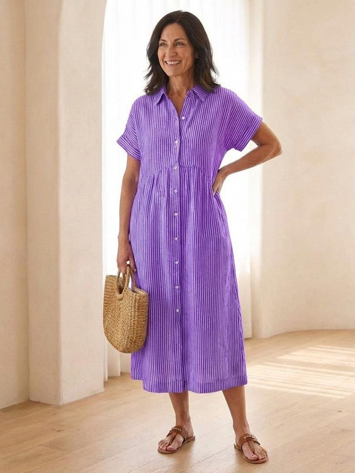 Heather | Striped Button Front Short Sleeve Midi Dress