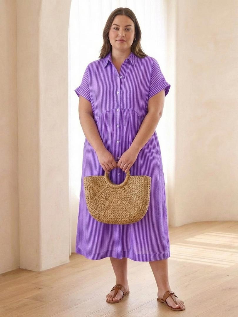 Heather | Striped Button Front Short Sleeve Midi Dress