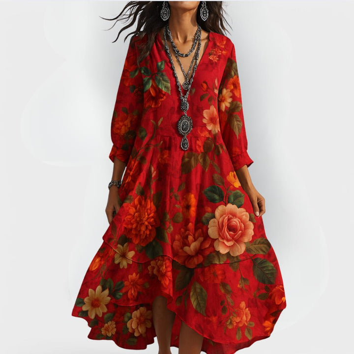 Diana | Floral Midi Dress V-Neck 3/4 Sleeve