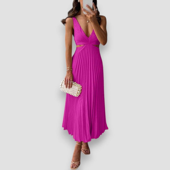 Isabelle | Women's Pleated Deep-V Sleeveless Midi Dress