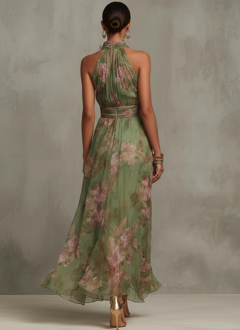 Florence | Green Floral Chiffon Halter Maxi Dress