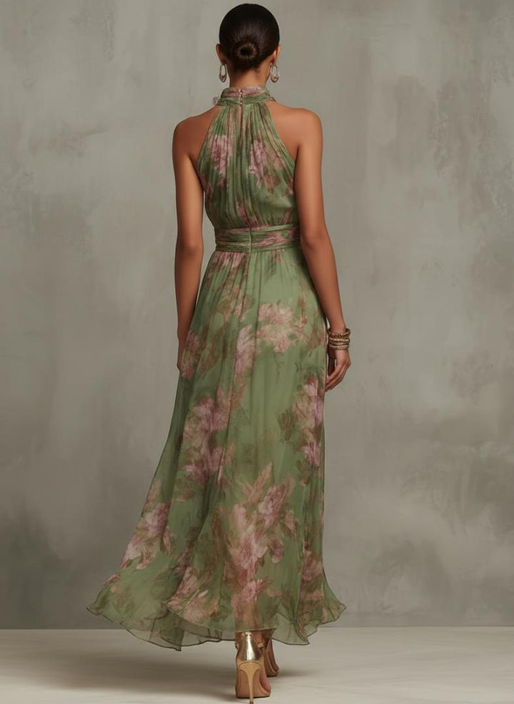 Florence | Green Floral Chiffon Halter Maxi Dress