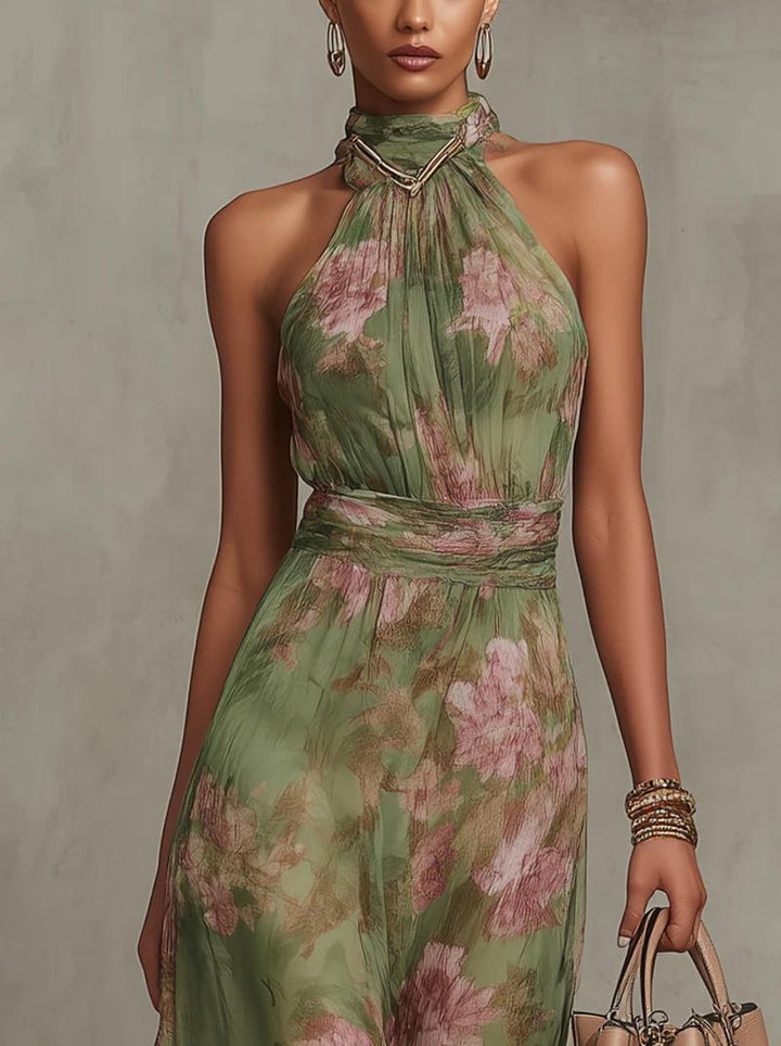 Florence | Green Floral Chiffon Halter Maxi Dress