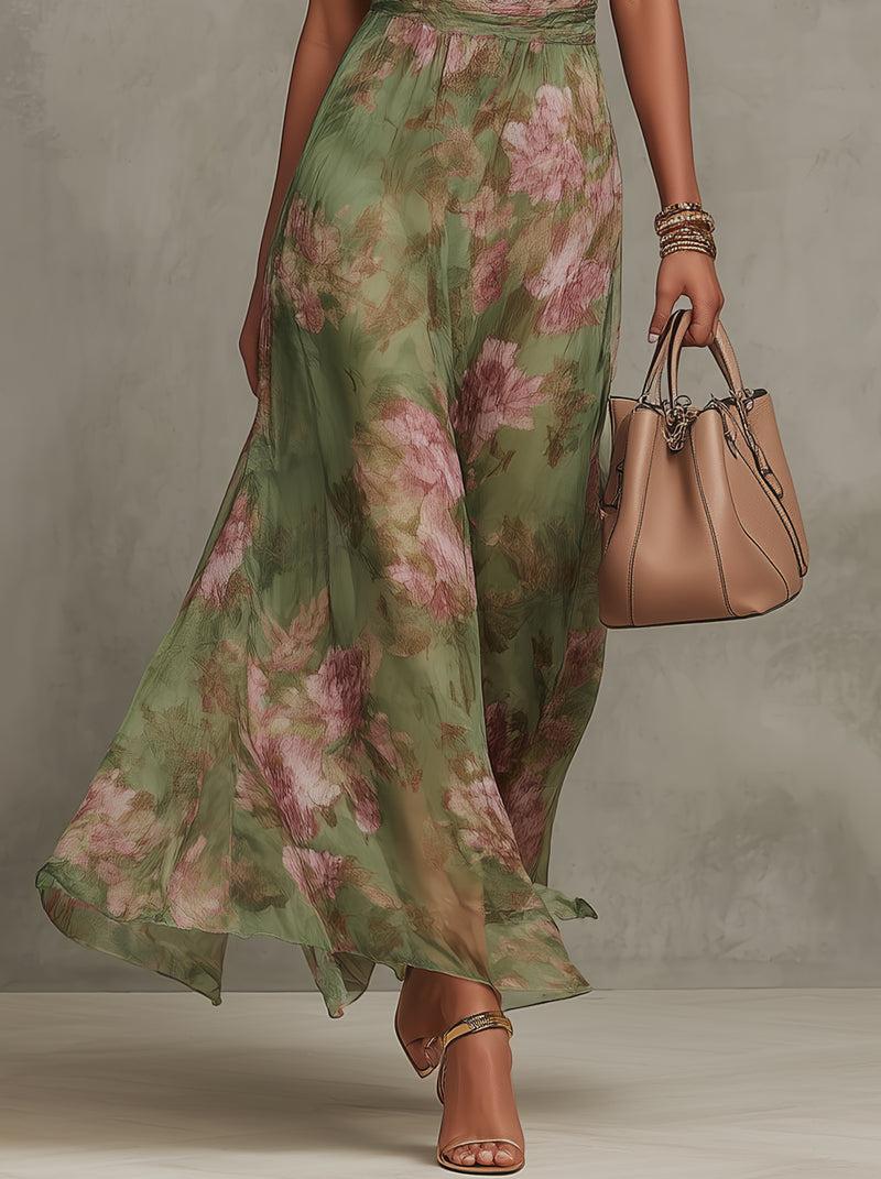 Florence | Green Floral Chiffon Halter Maxi Dress