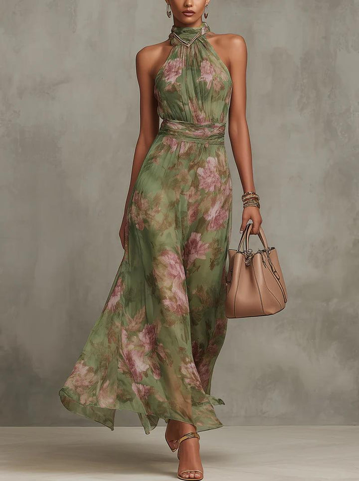 Florence | Green Floral Chiffon Halter Maxi Dress