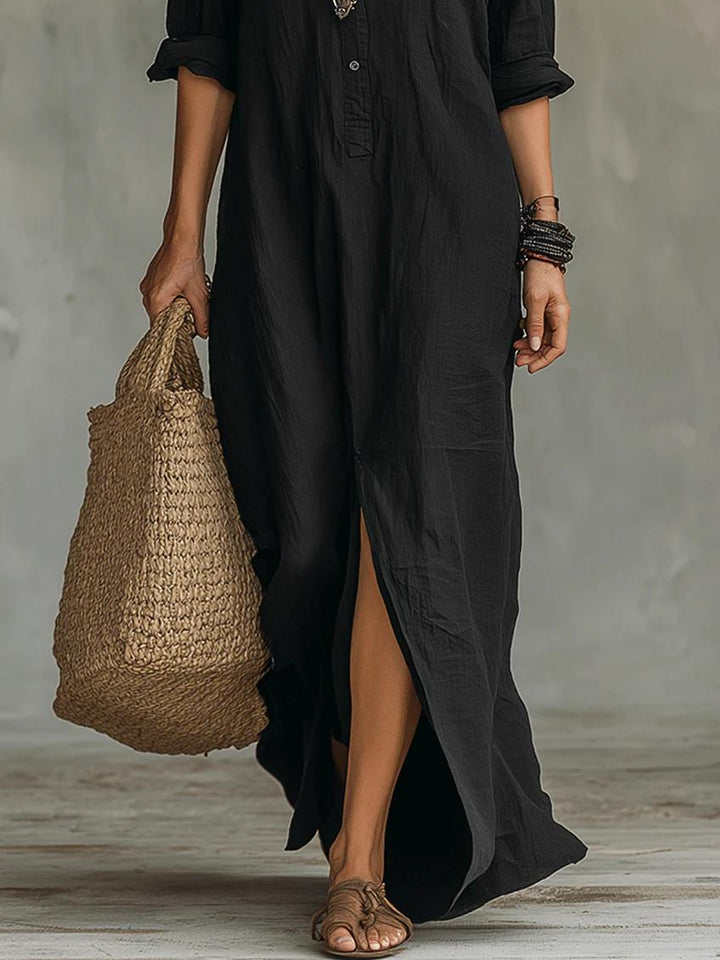 Soline | Oversized Black Maxi Dress with Buttons