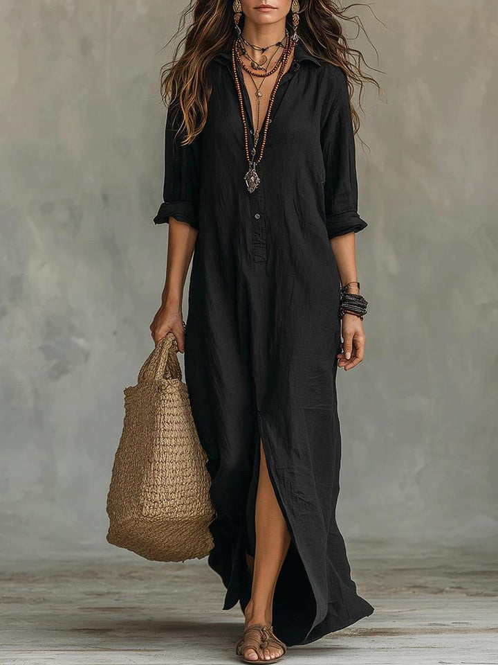 Soline | Oversized Black Maxi Dress with Buttons