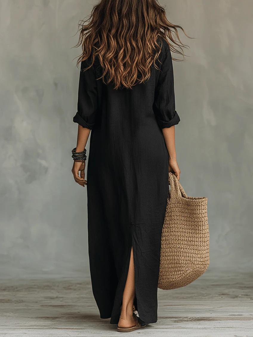 Soline | Oversized Black Maxi Dress with Buttons