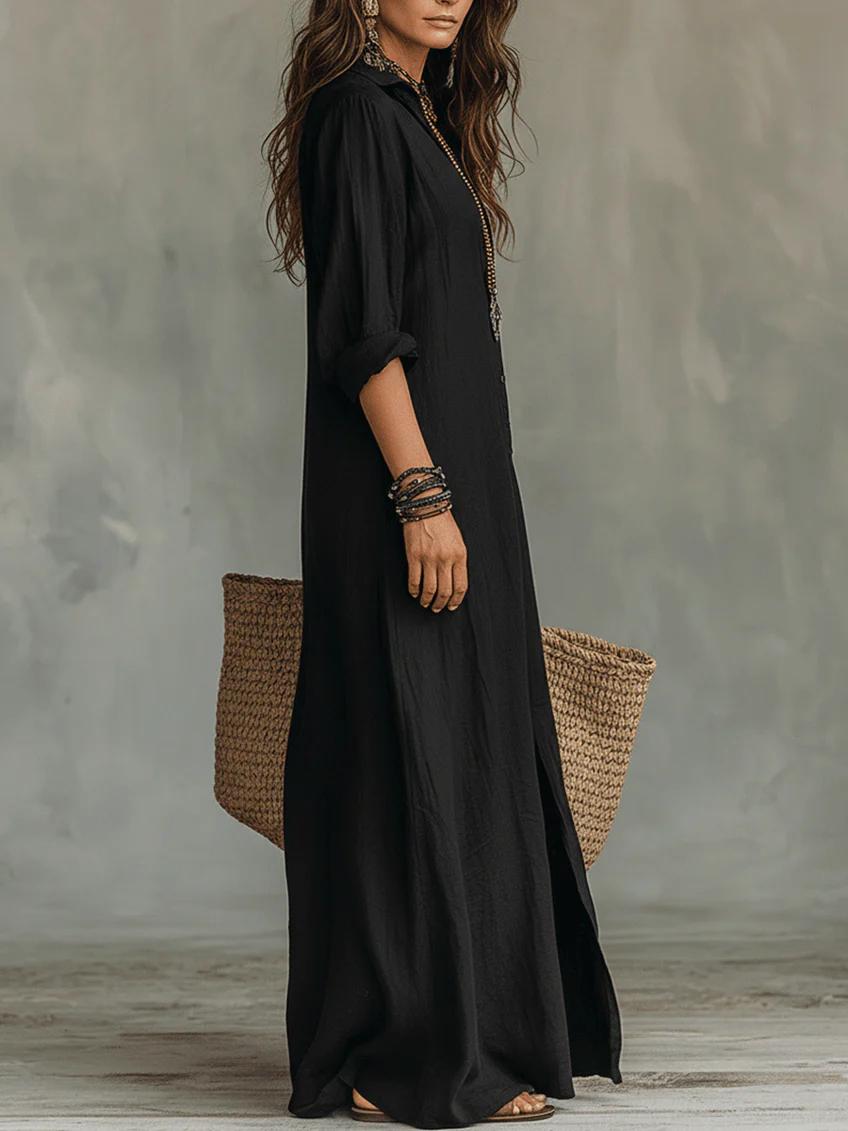 Soline | Oversized Black Maxi Dress with Buttons