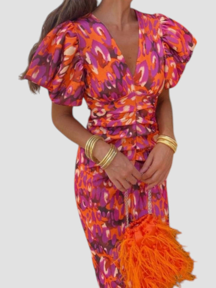 Whitney | Abstract Print Puff Sleeve Midi Dress