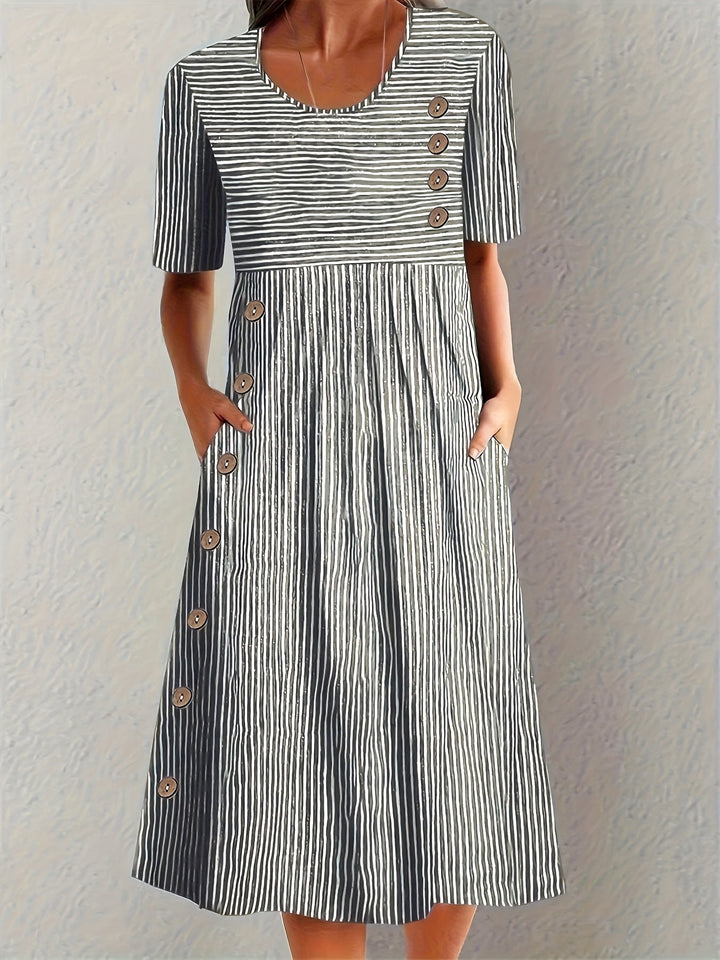Emmeline | Striped Side Button Midi Dress