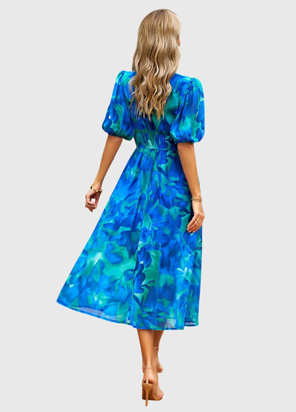 Juliette | Women's Printed V-Neck Puff Sleeve Midi Dress