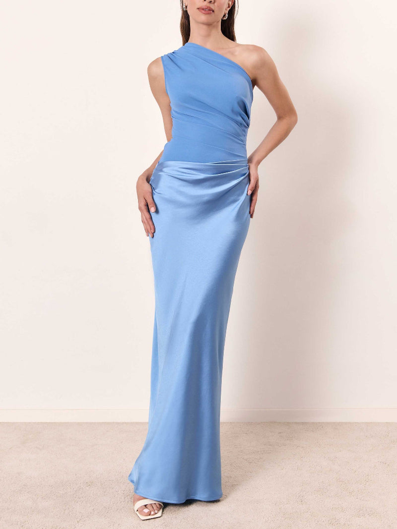Aria | Elegant One Shoulder Neck Pleated Party Maxi Dress