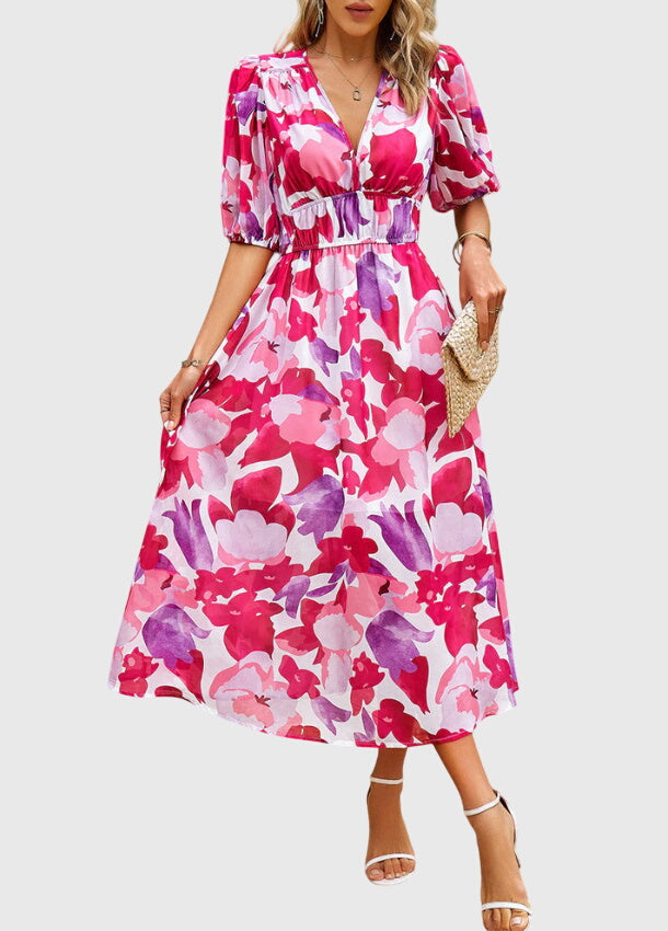 Juliette | Women's Printed V-Neck Puff Sleeve Midi Dress