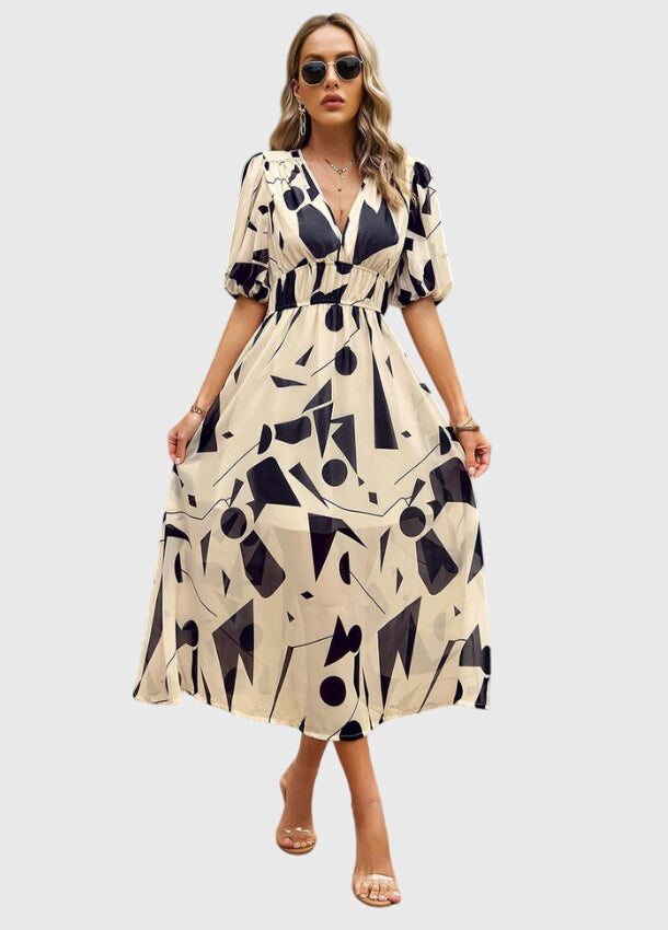 Juliette | Women's Printed V-Neck Puff Sleeve Midi Dress