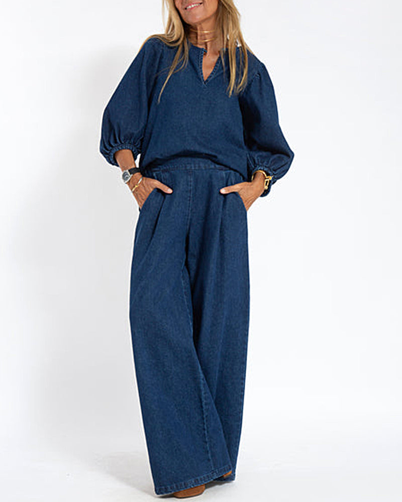 Adeline | Women's Balloon-Sleeve Blouse & Wide-Leg Pant Set