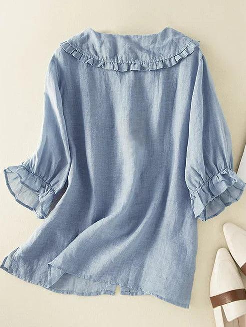 Skylar | Women's Linen Loose Peter Pan Ruffle Neck Shirt