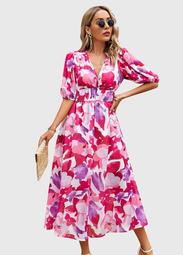 Juliette | Women's Printed V-Neck Puff Sleeve Midi Dress