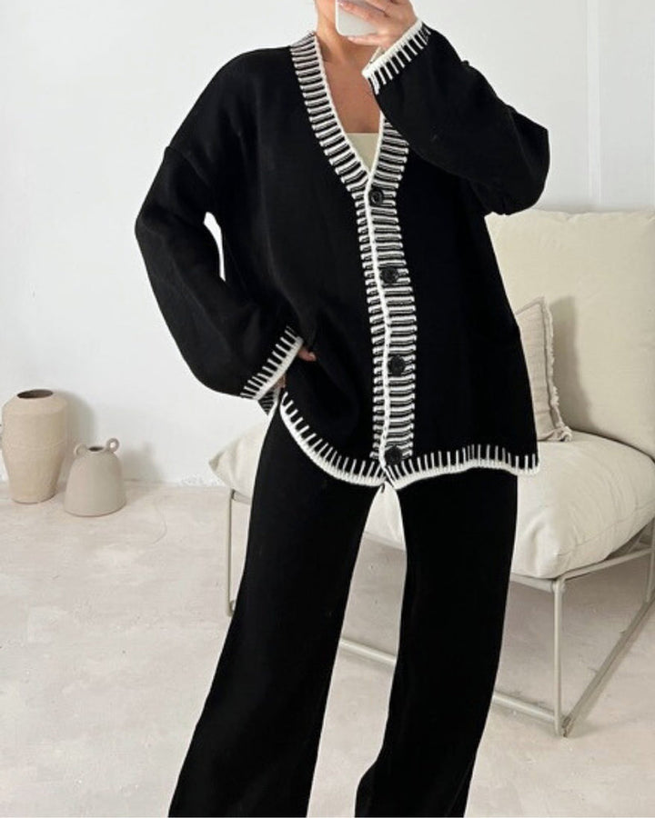 Genevieve | Women's Contrast-Trim Knit Cardigan & Wide-Leg Pant Set