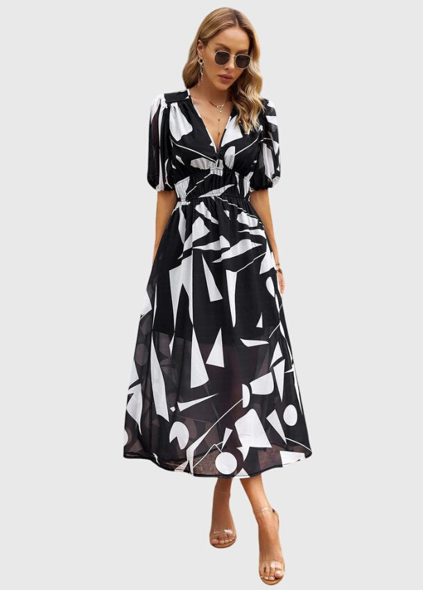 Juliette | Women's Printed V-Neck Puff Sleeve Midi Dress