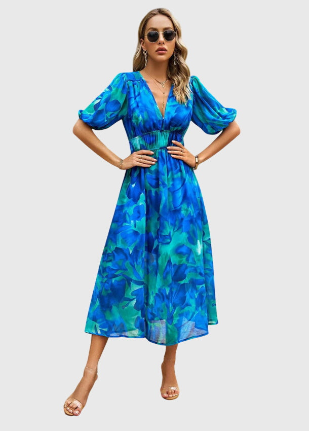 Juliette | Women's Printed V-Neck Puff Sleeve Midi Dress