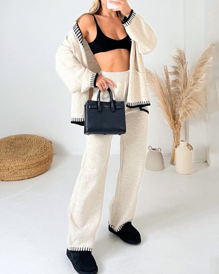 Genevieve | Women's Contrast-Trim Knit Cardigan & Wide-Leg Pant Set