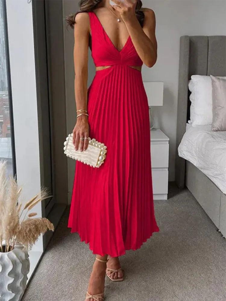 Caroline | Elegant V-Neck Pleated Skirt Dress for Women
