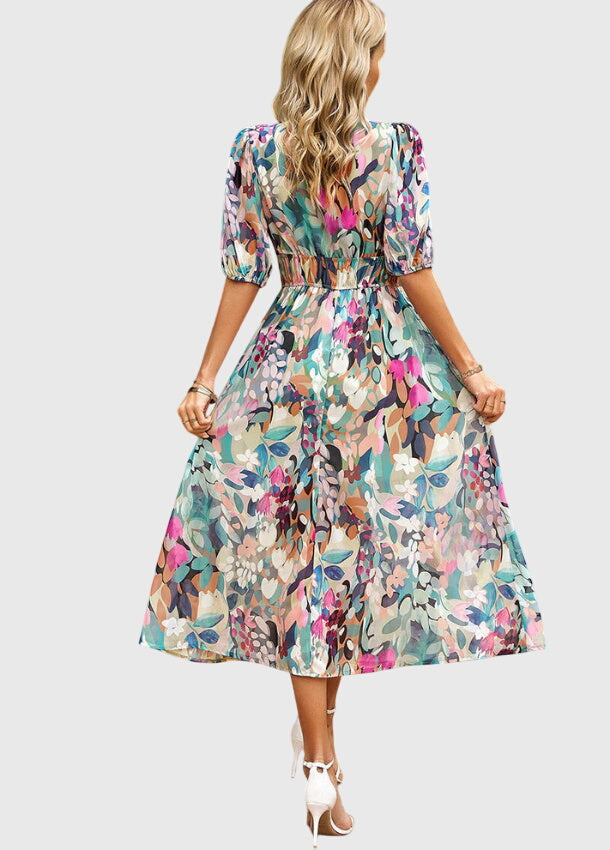 Juliette | Women's Printed V-Neck Puff Sleeve Midi Dress