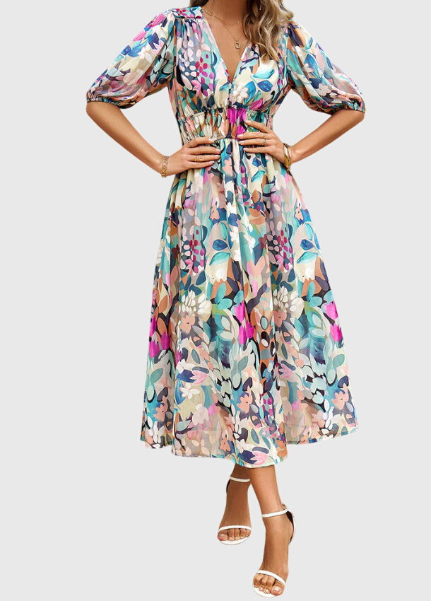Juliette | Women's Printed V-Neck Puff Sleeve Midi Dress