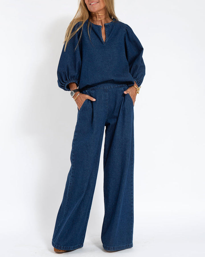 Adeline | Women's Balloon-Sleeve Blouse & Wide-Leg Pant Set
