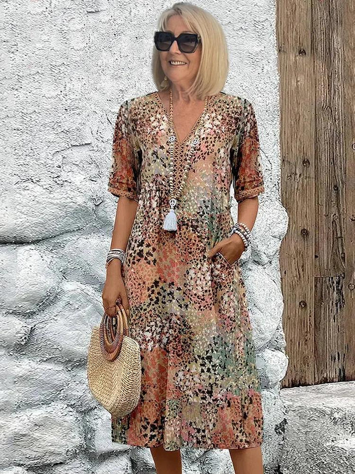 Noelle | Printed V Neck Short Sleeve Midi