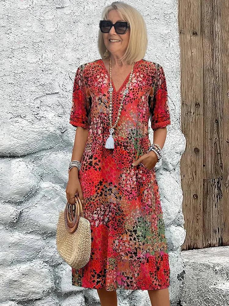 Noelle | Printed V Neck Short Sleeve Midi