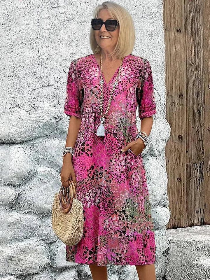 Noelle | Printed V Neck Short Sleeve Midi